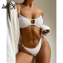 In-X String micro bikini set Bandeau swimsuit women Keyhole swimwear female Smocked 2 pieces set Low waist solid bathing suit X0522