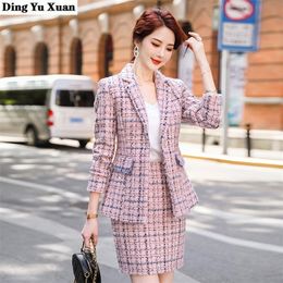Women's Plaid Tweed Suits Autumn Winter Formal Jacket Coat Skirts for Women Vintage Office 2 Piece Blazer Set with Skirt 220302