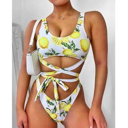 Sexy Bikinis Women Swimwear Push Up Swimsuit Print Lemon Bikini Set Brazilian Biquini Crop Top Bathing Suit Female Beachwear 210520