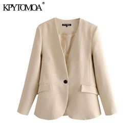 Women Fashion Office Wear Single Button Blazer Coat V Neck Long Sleeve Pockets Female Outerwear Chic Tops 210420