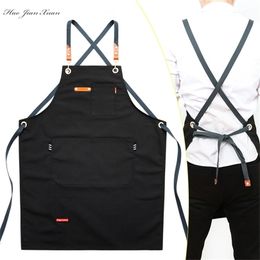 Fashion Unisex Work Apron For Men Canvas Black Bib Adjustable Cooking Kitchen s Woman With Tool Pockets 211222