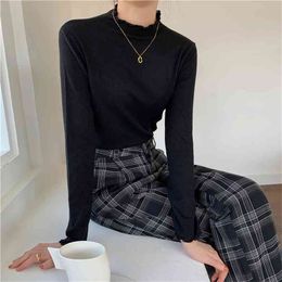 Tops Full-Sleeved Chic Loose Pullovers Basewear Basic Half-Turtleneck Warm Casual Tee Retro Gentle T-shirts 210525