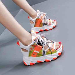 Summer Chunky Sandals 2021 Women 9cm Wedge High Heels Shoes Female Buckle Platform Leather Casual Summer Slippers Woman Sandal