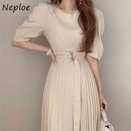 O Neck Pullover Short Sleeve Dress Women High Waist Hip A Line Pleat Vestidos Slim Sashes Work Style Ol Robe Summer 210422