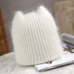 Warm Angola Rabbit Fur Hats For Women Cute Cat Ear Soft Beanie Solid Color Shiny Wire Furry Girl Lady Bonnet Cap