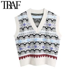 TRAF Women Fashion Floral Jacquard Loose Knitted Vest Sweater Vintage V Neck Sleeveless Female Waistcoat Chic Tops 210415