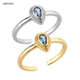ANDYWEN 925 Sterling Silver Gold Ovals Luxury Rings Resizable Adjustable Round Zircon Jewelry Gift Wedding 210608