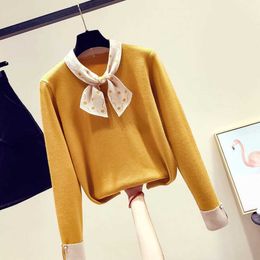 2020 Autumn Winter Women Sweaters And Pullovers Bow tie Polka Dot Jumper Long Sleeve Casual Ladies Knitted Sweater Pull Femme X0721