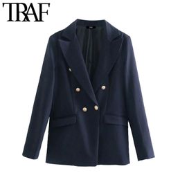 TRAF Women Fashion With Pockets Double Breasted Blazer Coat Vintage Long Sleeve Back Vents Female Outerwear Chic Veste 210415