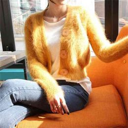 Korean Style Sweater Women V Neck Single Breasted Button Short Cardigan Autumn Winter Soft Fluffy Coat Knit Swaeters 210525