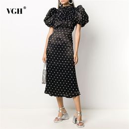Vintage Black Patchwork Dot Dress For Women Stand Collar Puff Short Sleeve Backless High Waist Lace Up Casual Dresses Female 210531