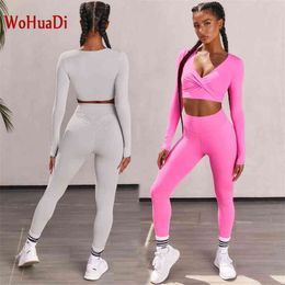 WOHUADI Sexy V-neck Long Sleeves Sports Set Yoga Women Clothing Suit Gym Fitness 2 Piece Folds Top High Waist Leggings Female 210802