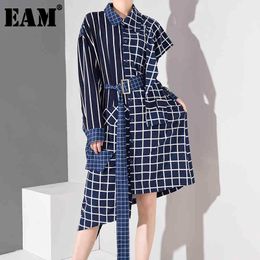 [EAM] Women Blue Plaid Irregular Big Size Dress Lapel Long Sleeve Loose Fit Fashion Spring Autumn 1D75805 210512