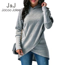 Jocoo Jolee Plus Size pockets Sweatshirts Casual Women Solid Hoodies Autumn Streetwear Hooded Irregular Hoodies Pullover Tops 210518