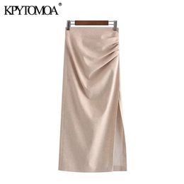 KPYTOMOA Women Chic Fashion With Draped Front Slit Linen Midi Skirt Vintage High Waist Back Zipper Female Skirts Mujer 210730