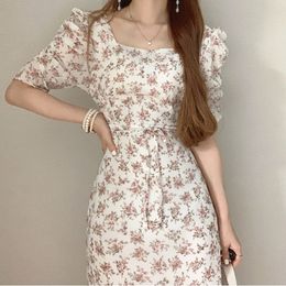 Korea Elegance Women's Summer Floral Printted Square Collar Puff Sleeve Runway Vestidos Draped Lace Up Slim Beach Casual Dresses 210514