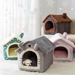 Foldable Deep Sleep Pet Cat House Indoor Winter Warm Cozy Kennel Tent Chihuahua Cat Nest Cushion Removable Pet Products Basket 210915