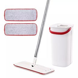 Cleanhome Flat Squeeze Mop with Bucket Hand Free Washing Microfiber Cleaning Cloth for Kitchen Wooden Floor Cleaning 211215