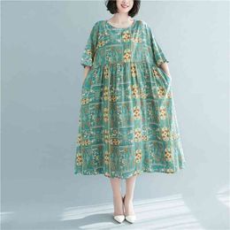 Women Cotton Linen Casual Dress New Arrival Summer Freely Style Vintage Print Loose Comfortable Female Long Dresses S3785 210412