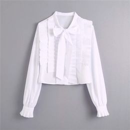 BLSQR Sweet Fashion Ruffled Crop Blouses Women Vintage Bowknot Tied Long Sleeve Female Shirts Blusas Chic Tops 210430