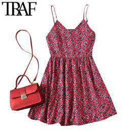 TRAF Women Chic Summer Fashion Floral Print Mini Dress Vintage Backless Elastic Thin Straps Beach Female Dresses Mujer 210415