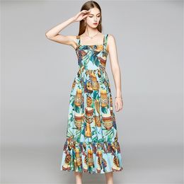 Women Holiday Flower Print Pleated Sling Dress Female Spaghetti Strap Vestidos Chic Casual Summer Slip Dresses 210603