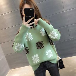Low-neck sweater women's knitted loose-fitting outer wear 2021 wild bottoming pullover autumn and winter thickening tide X0721