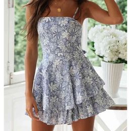 Fashion Blue Flower Print Women Loose Playsuits Spring Summer Beath Style Ruffles Sling Playsuit Sweet Lady Jumpsuit 210421