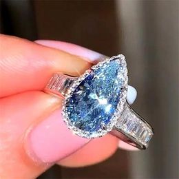 Size 6-10 Ins Top Sell Wedding Rings Luxury Jewellery Sparkling 925 Sterling Silver Fill Water Drop Aquamarine