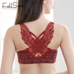 FallSweet Leopard Front Closure Bra Wireless Beauty Lace Back Bras for Women Plunge Push Up Underwear 210623