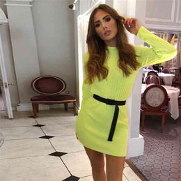 Foridol knitted bodycon sweater dress women neon yellow ribbed short winter dress casual long sleeve basic pullover dress 210415