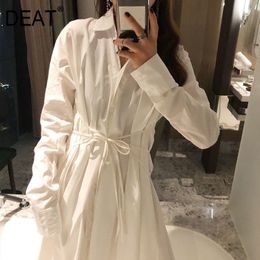 Women White Pleated Bandage Chiffon Bow Dress V-Neck Long Sleeve Loose Fit Fashion Tide Spring Summer 7D0038 210421