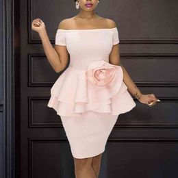 Pink Dress Off Shoulder Ruffle Sweet Lovely Peplum Flower Patchwork Bodycon Women Vestidos Event Occasion Dinner Date Out Robes 210416