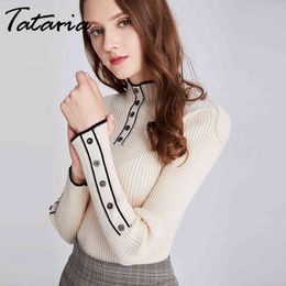 Turtleneck Knitted Sweater for Women Winter Slim Pullovers 's Korean Button Ladies Long Sleeve Jumper 210514