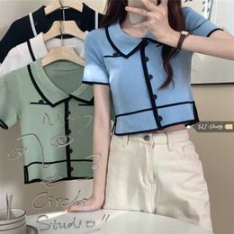 Preppy Style Blue Turn Down Collar Knitted T Shirts Summer Sweet Retro Short Sleeve Contrast Single-breasted Tops Fashion Tees 210610