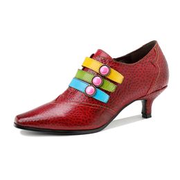 leather Women new Bohemia Pumps Dress shoes CM chunky heels Mary Jane metal buckle mix pillage pointed t a