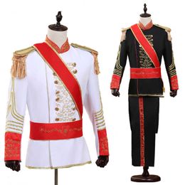 Men Military Uniform Suits Palace Prince Suit Marshal Soldier Honour Guard Dress Stage Costumes Music Singer Host Black White X0909