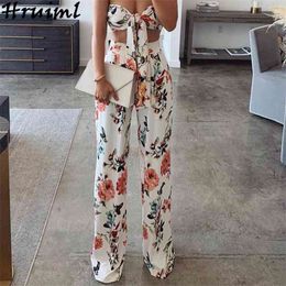 Sexy Floral Print Two Piece Outfits for Women Club Wear Strapless Crop Top Wide Leg Pants Set Fashion Holiday Ropa De Mujer 210513