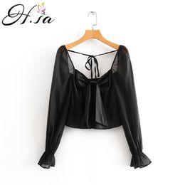 Women Summer Black Blouse and Tops Long Sleeve Organza Bow Tie Sexy Ladies Party Blusas Short Transparent 210430