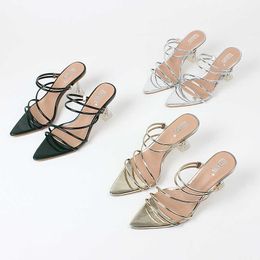 Women's sandals, European and American fashion fashion, pointed Pu Ribbon Crystal high heel two wear sandals 36-41 Y0608