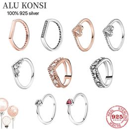 Fit Original luxury Real 925 Sterling Silver pan ring For Women Rose gold crystal couple rings DIY fashion wedding Jewelry 211217