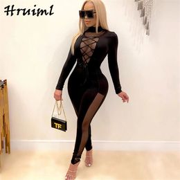 Long Sleeve Strappy Solid Colour Patchwork Fashion Jumpsuit for Women Skinny Sexy Night Club Body Suits 210513