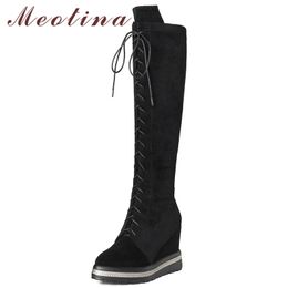 Winter Real Leather Knee High Boots Women Cow Suede Platform Wedge Heel Long Zip Super Shoes Lady Fall 210517