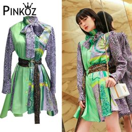 luxury dress runway designer patchwork leopard printed buttons mini A-line with belt long sleeve bow collar lace up 210421