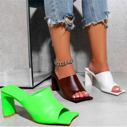 Casual Women Slides Female Muller Summer Square Toe Slip On Sandals Lady Green 9cm High Heels Slippers Prom Sandles Shoes
