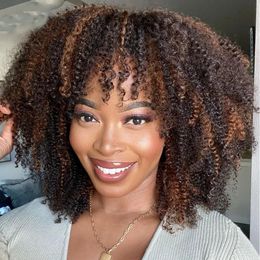 Thick Afro Kinky Curly Wig Highlights Brown Transprent 360 Lace Frontal Human Hair Wigs With Bangs 200 Density Remy Fringe Wigs