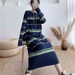 Hoodie Pullover Knitting Dress Autumn Winter Long Over-the-knee Loose Large Size Knit Striped Sweater Maxi Vestidos Mujer 210601