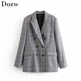 Vintage Lady Plaid Blazers Suit Pockets Long Sleeve Office Coat Women Double Breasted Houndstooth Jacket Outwear Veste Femme 210515