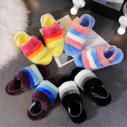 2021 New Design Indoor Home Bedroom Sheepskin Faux Wool Slides Women's Fluffy Slippers Fashion Warm Sandals Shoes Girl Winter Q0508