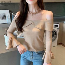 Office Knitted Flare Sleeve Blouse Autumn Korean Mesh Off-Shoulder Shirt For Women Pullover Solid Blusas 10448 210415